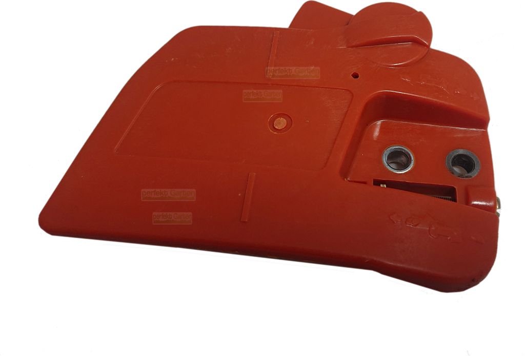 A red chainsaw brake part is shown against a white background.