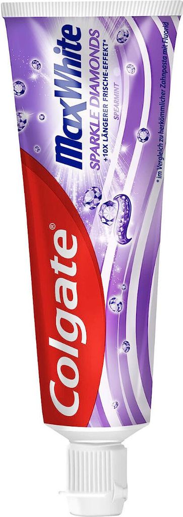 A tube of Colgate MaxWhite Sparkle Diamonds toothpaste.