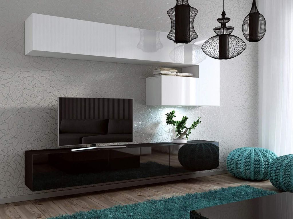 Furnitech Wohnwand Wohnzimmer - Wohnzimmer Möbel mit LED RGB - 16 Farben - Hängend Wohnwand Modern - Regale und TV Schrank (Future C15/HG/BW/3 1A)