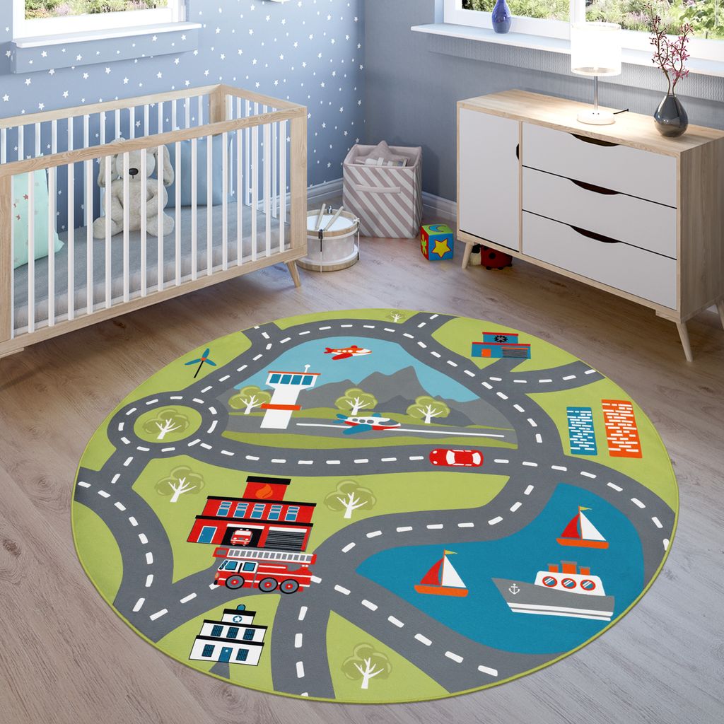Kinder-Teppich Für Kinderzimmer, Spiel-Teppich Mit Straßen-Motiv, In Grün Grösse Ø 160 cm Rund
