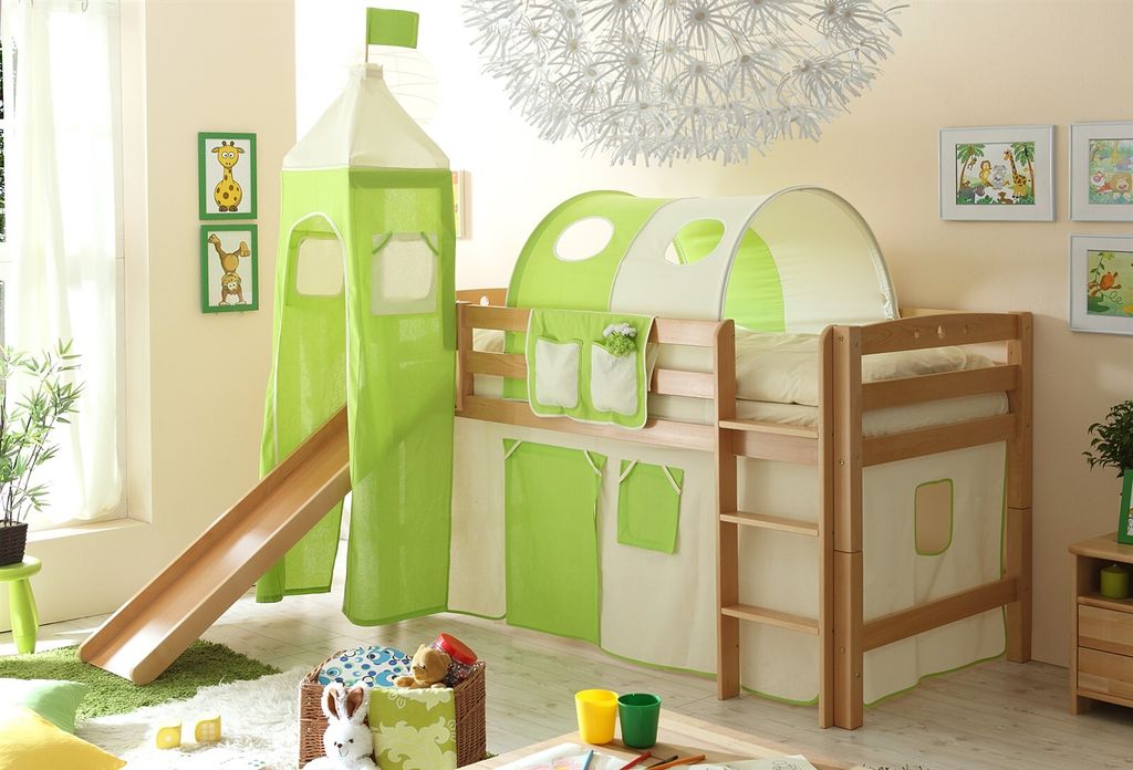 Rutschbett ROBI R XL Buche Natur inkl.Vorhang und Turm Beige/ Grün