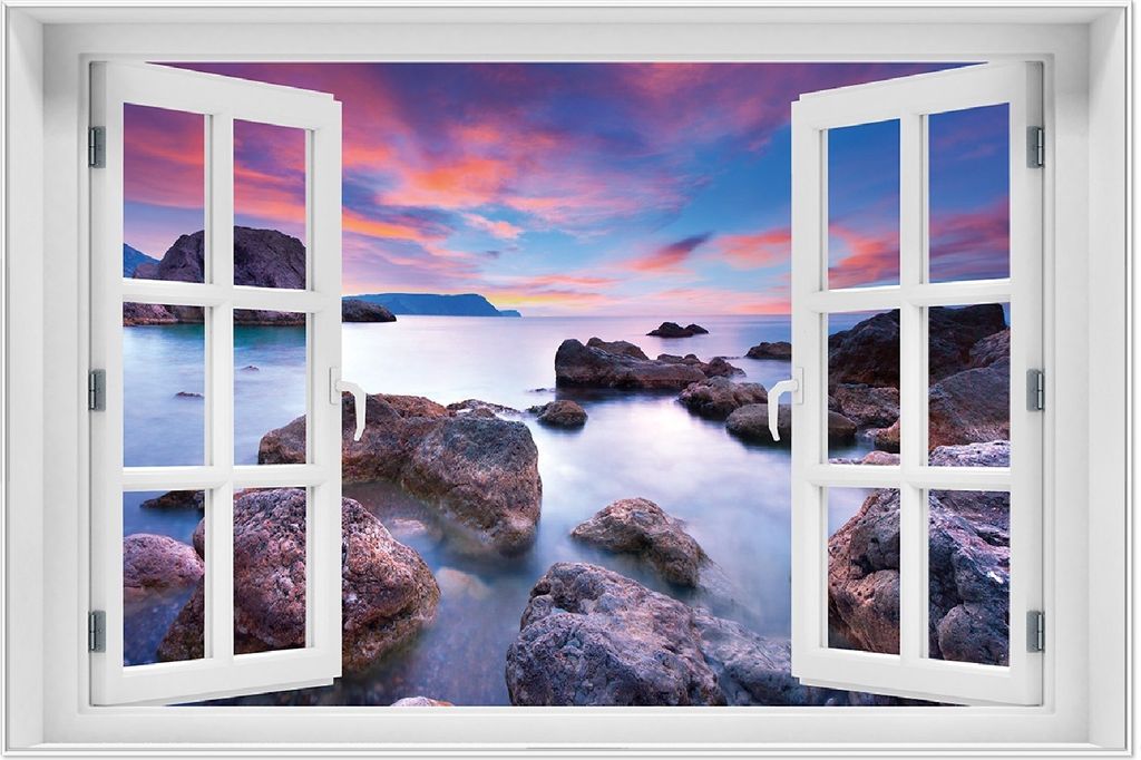 Wallario Wandbild mit Fenster-Illusion: Seelandschaft in blau und rot mit großen Felsen, Größe: 61 x 91,5 cm, Poster mit weißem Aluminiumrahmen