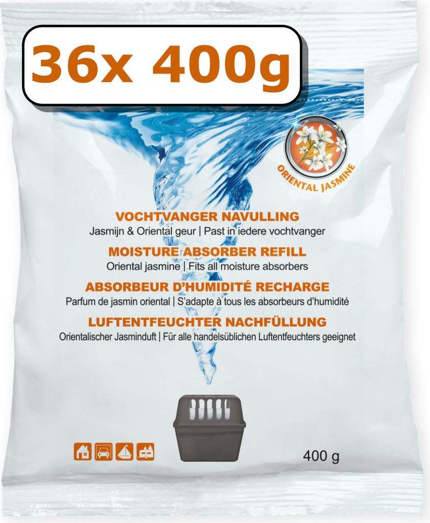 36x Luftentfeuchter Nachfüllung - 400 Gramm - jasminduft - Granulat im Vliesbeutel - Feuchtigkeit Absorber Nachfüllpack