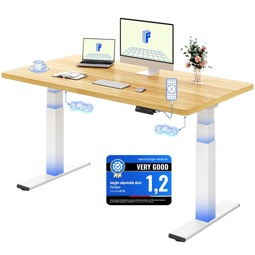 FLEXISPOT ValtreX E200 Höhenverstellbarer Schreibtisch 140x80cm 200KG TRAGKRAFT, 25MM EINTEILIGE TISCHPLATTE, 2 Motoren, USB-Anschluss, Ahorn
