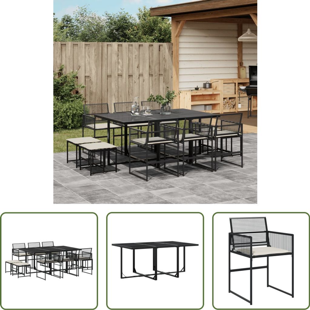 The Living Store 11-tlg. Garten-Essgruppe mit Kissen Schwarz Poly Rattan