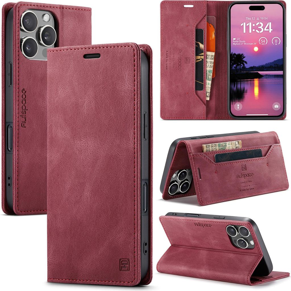 Hülle für iPhone 16 Pro, Retro Kunstleder Tasche Kartenfächern und Ständer Schutzhülle Rot
