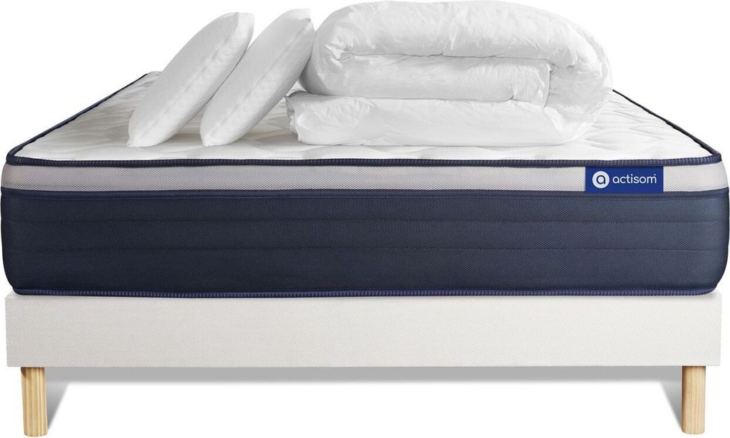 Komplettpaket Bett - Matratze 140x200 cm + Boxspringbett mit Lattenrost (im Set) + 2 Kopfkissen + Bettdecke - Actiflex Max