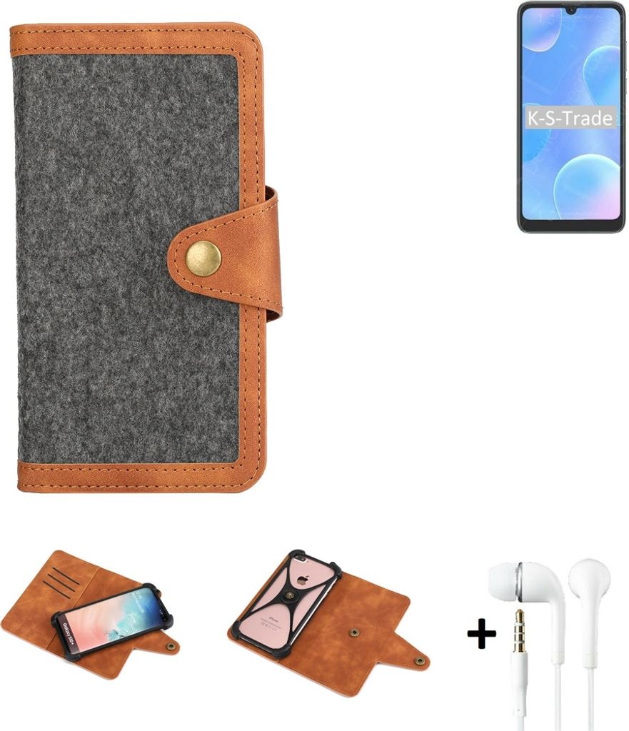 K-S-Trade Handyhülle + Kopfhörer kompatibel mit Blackview A50 Schutzhülle Filzhülle Kunstleder dunkelgrau braun (1x)