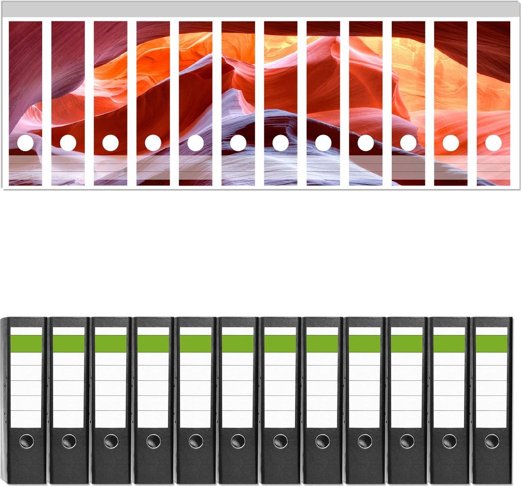 Wallario 12 Stück breite Ordner inkl. Klebeetiketten mit Motive Antelop Canyon USA Kalksandsteingebirge in leuchtenden Farben - Set mit Rückens...