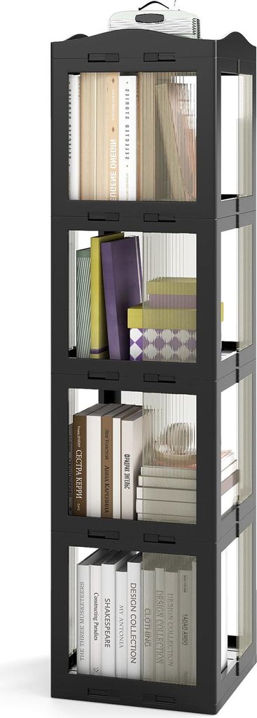 COSTWAY 360° drehbares Bücherregal, 36,5x36x141,5 cm Standregal mit rutschfesten Fußpolster&transparenten Paneele, Aufbewahrungsregal Büroregal...