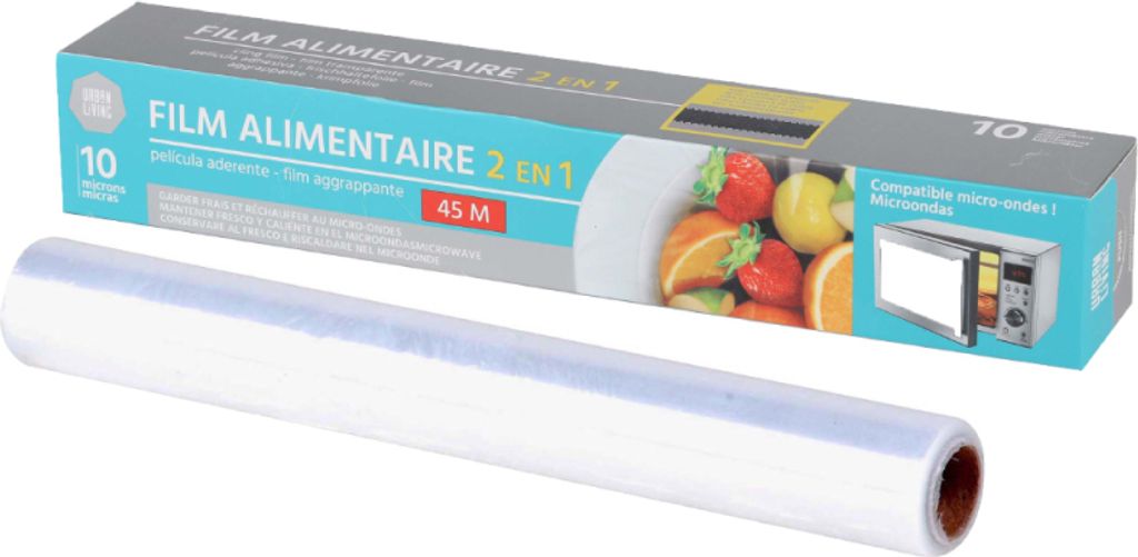 Lebensmittelfolie 45m mit Cutter, mikrowellengeeignet, transparent, haftend, hält Lebensmittel frisch und geruchsfrei