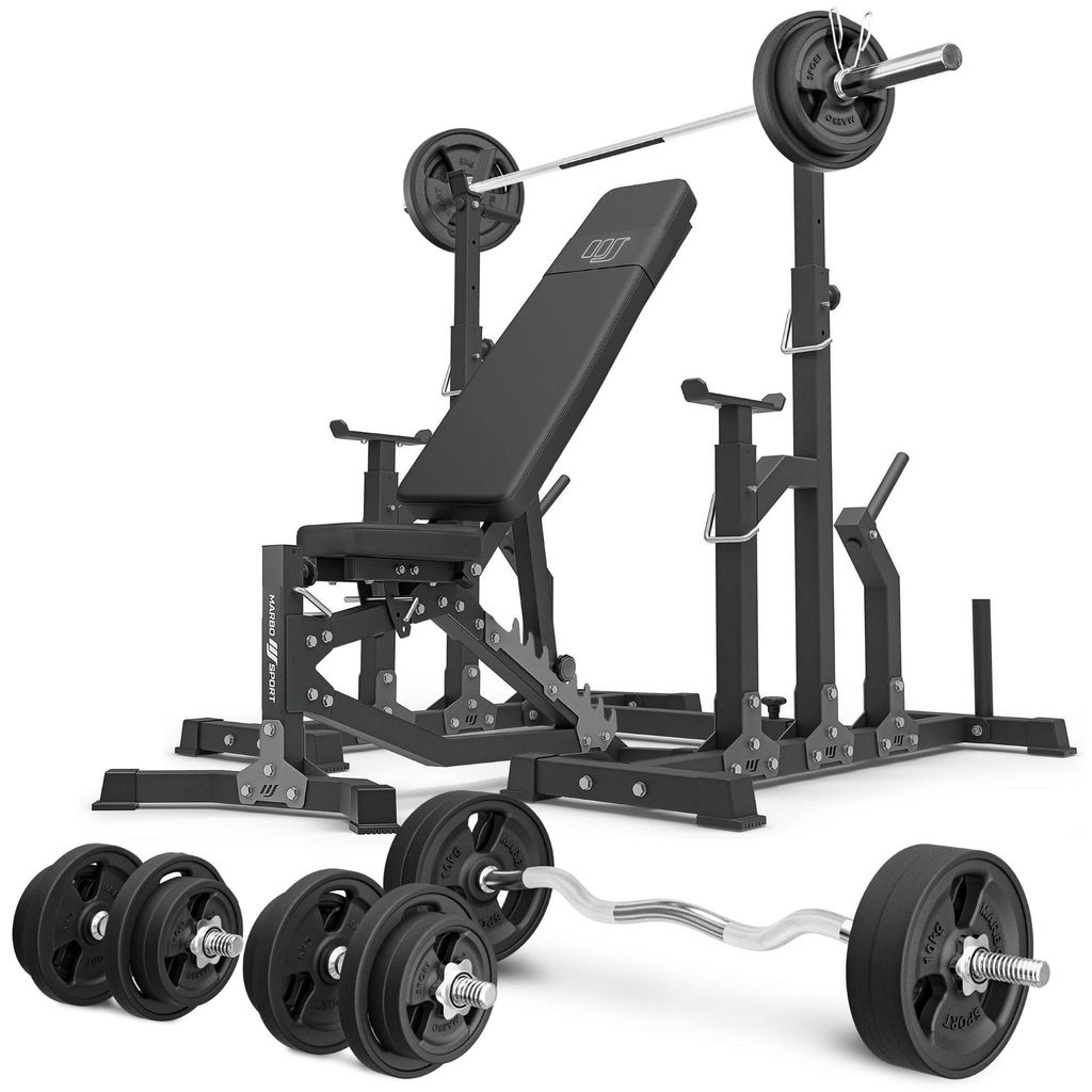 Marbo Sport - Set MS11_2.0_113KG_G | Doppelseitig verstellbare Hantelbank + verstellbare Ständer + Stangen- und Hantelscheiben gummiert Set 113 kg