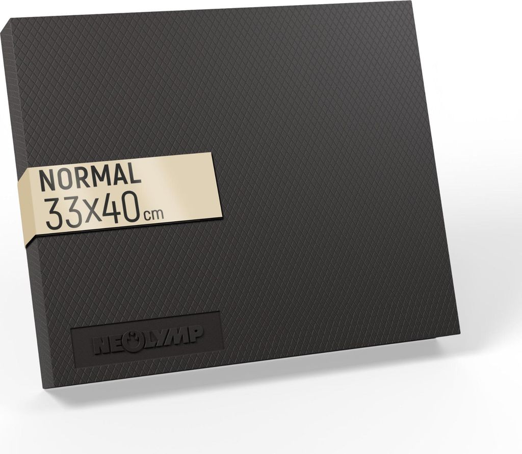 A black balance pad with a gold label indicating its size and type, and a brand logo embossed at the bottom.