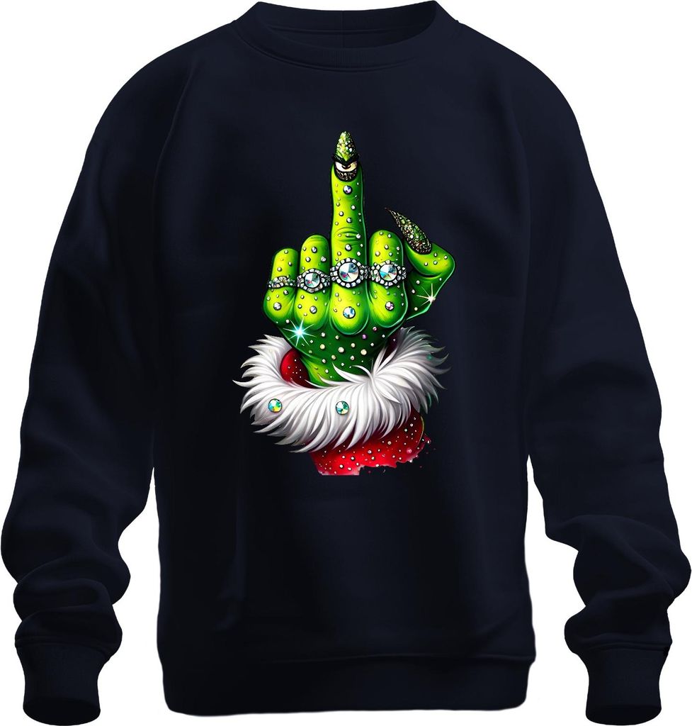 Grinch Mittelfinger Weihnachten frech Geschenk Glitzer Uni Sweatshirt Pullover, Navy, M