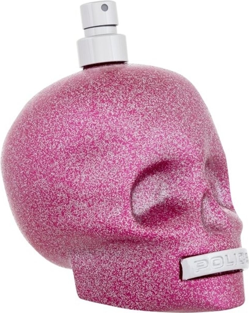 A pink glittery skull-shaped perfume bottle with a white spray nozzle and a white band around the mouth with the word 'POLICE' on it.