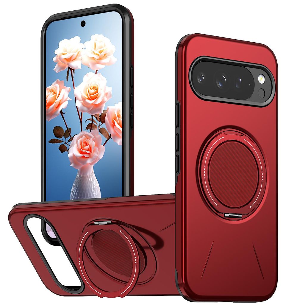 Magnetisch Hülle für Google Pixel 9 Pro XL/Pixel 10 Pro XL, Stoßfeste Weich TPU und Hard PC Schutzhülle mit Ringhalter Ständer Rot