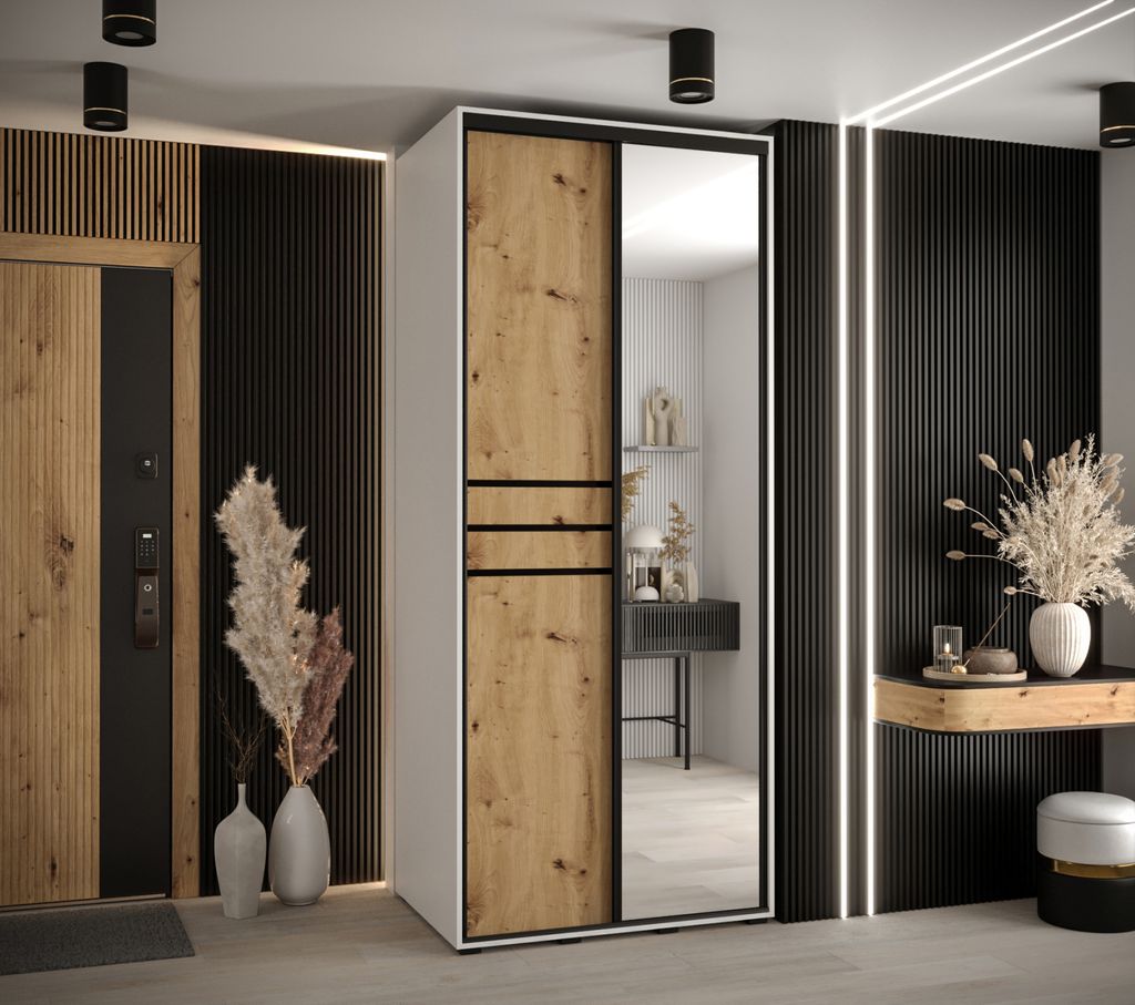 Kleiderschrank ASIRI 11 - 100/60 cm, weiß / Eiche handwerklich / schwarz