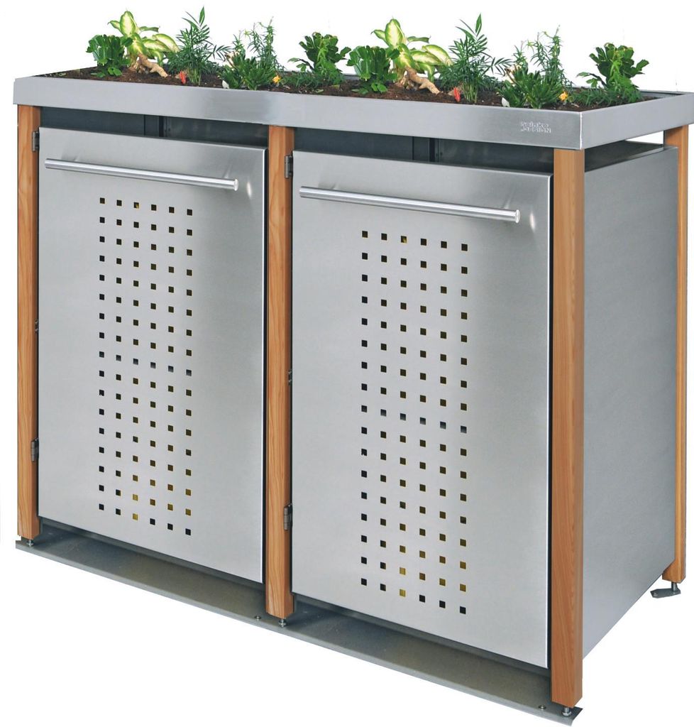 reinkeDESIGN | Mülltonnen-Box zweier 2x120L | Typ_L | Pflanzenwanne, Lärchenholzpfosten, Türen & Blenden Edelstahl | Ideal für Eigenheim