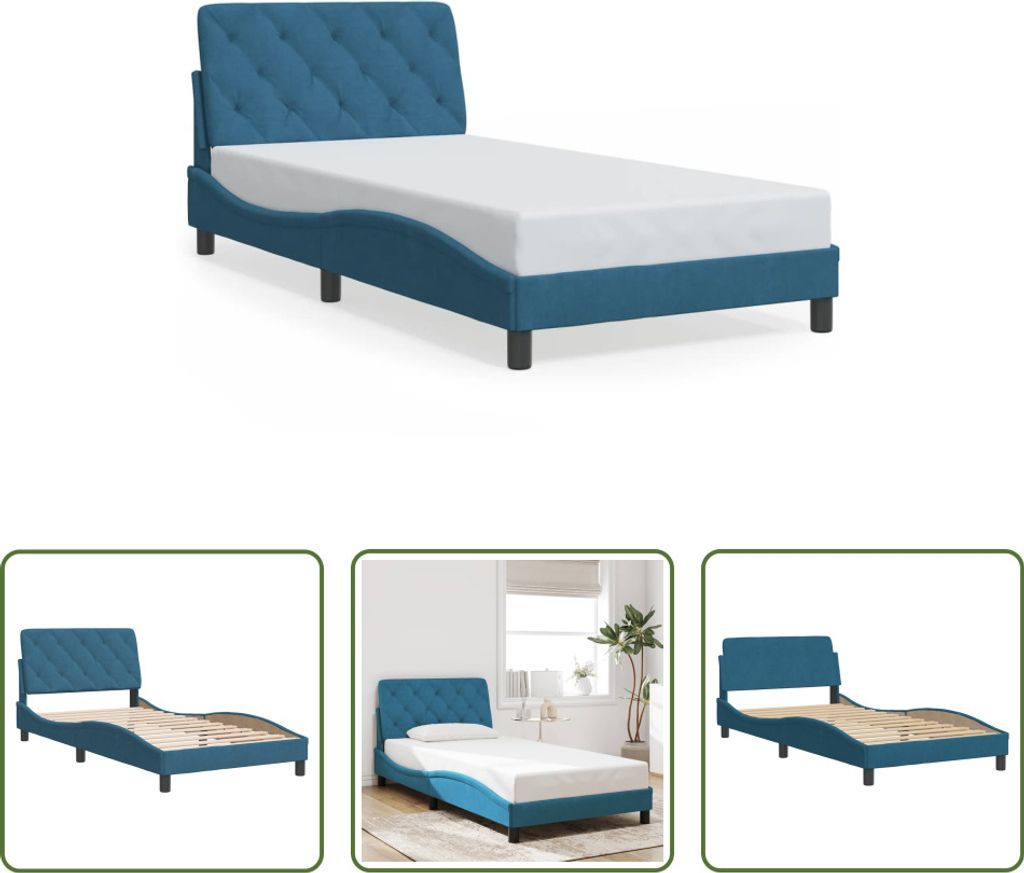 The Living Store Bettgestell mit Kopfteil Blau 100x200 cm Samt
