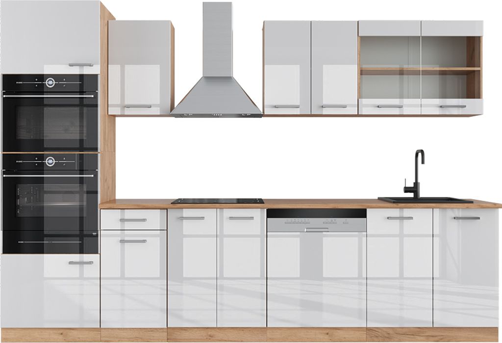 Küchenzeile Vicco R-Line Weiß Hochglanz/Goldkraft Eiche 300 cm mit Hochschrank, ohne Arbeitsplatte, Model 37157