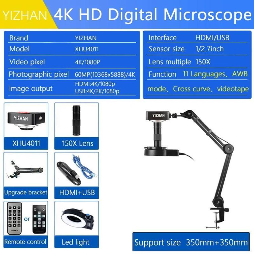 Digitales Mikroskop - HDMI USB Industriekamera - 60 MP 4K Video - 1–150x Zoom - Faltbarer Auslegearm-Ständer - 56 LED Ringlicht - 4011 Kit B