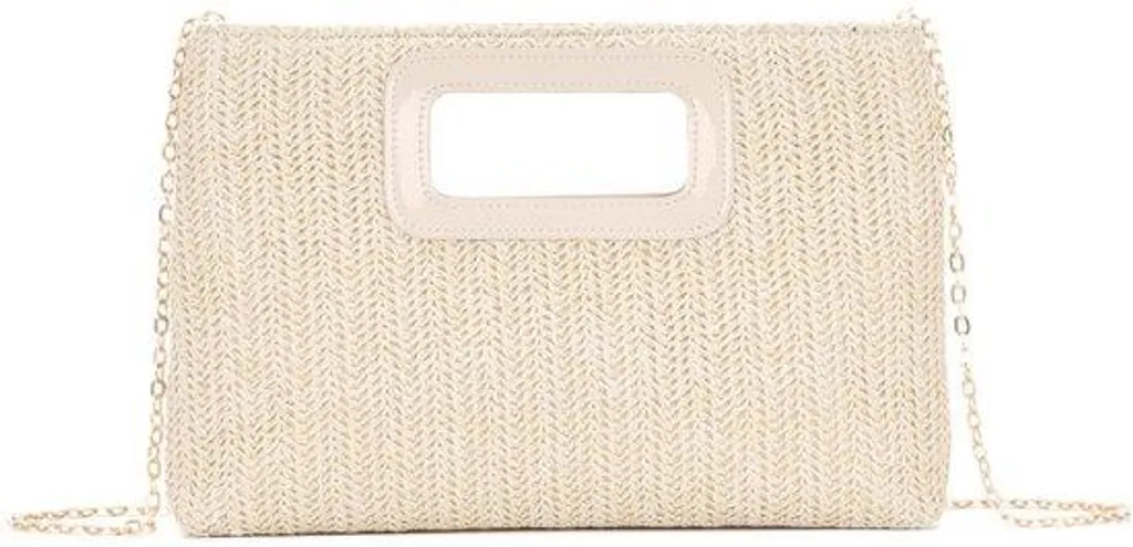 Sac en raphia beige tressé main avec bandoulière chaîne dorée