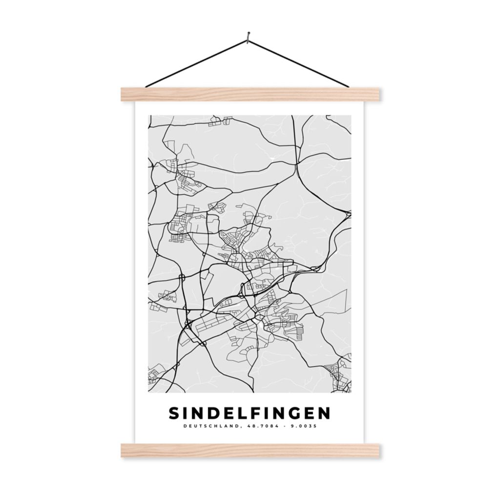 MuchoWow Textilposter Karte - Deutschland - Sindelfingen - Stadtplan 120x180 cm mit holzfarbenen Rahmen - Textil-Plakat