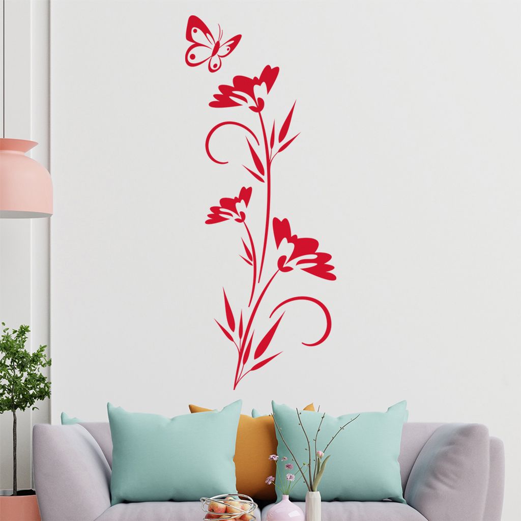 Schmetterling schwebt über Blüte Wandtattoo in 6 Größen - Wandaufkleber Wall Sticker - Dekoration, Küche, Wohnzimmer, Schlafzimmer, Badezimmer