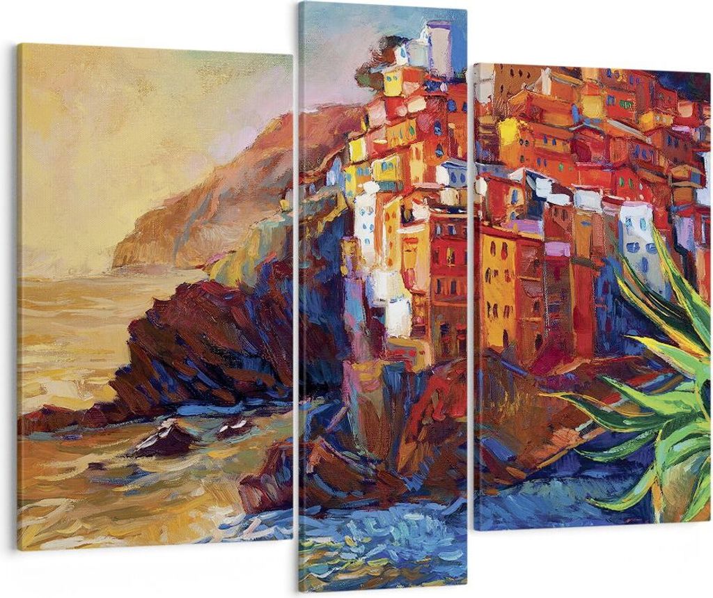 Bild auf Leinwand - Leinwandbild - 3 Teile - Manarola Bunt Öl - 95x80cm - Wand Bild - Wanddeko - Wandbilder - Leinwanddruck - Bilder - Wanddekorat...