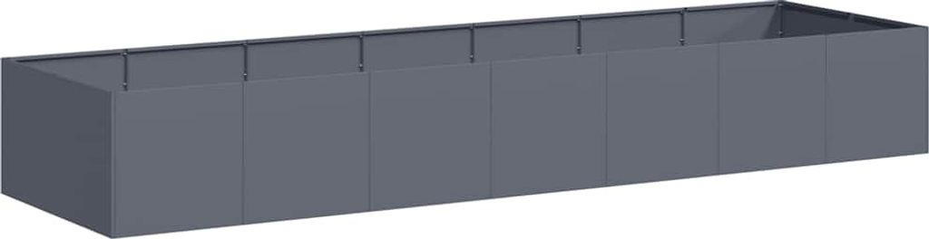A long, rectangular planter box made of dark gray metal, viewed from a slightly elevated side angle.