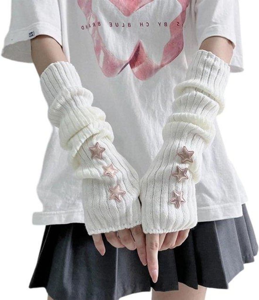 Zwei weiche weiße Handschuhe mit Verzierungen für Goth-Outfits und Armwärmer für Damen-Femboy-Kleidung - Y2K-Ästhetik Grunge-Stil