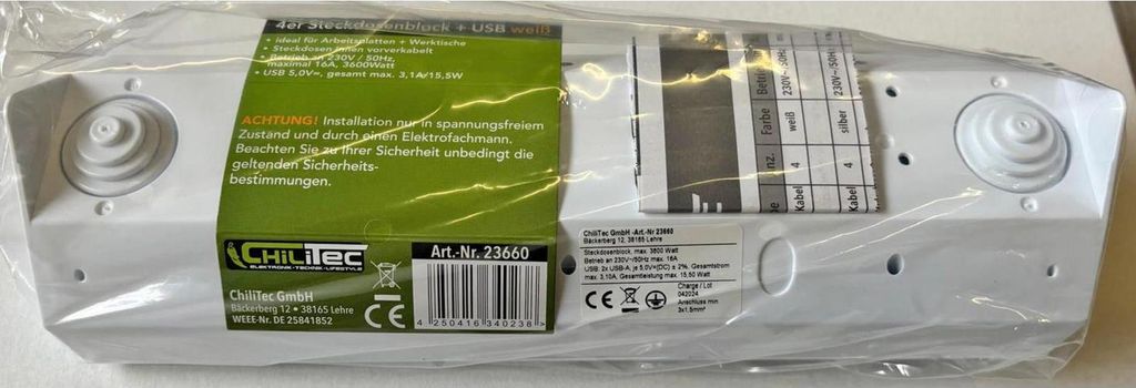 4-fach Steckdosenblock + 2x USB, weiß Produktbild 