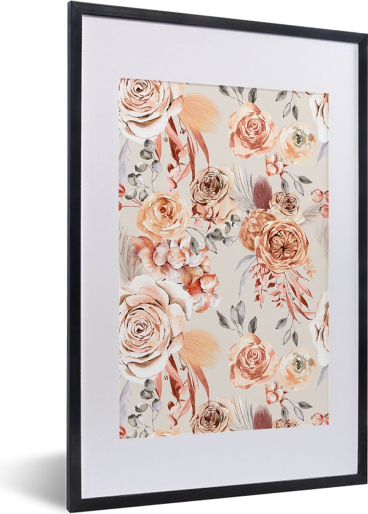MuchoWow Gerahmtes Poster Blumen - Braun - Grau 40x60 cm - Poster mit Schwarzem Bilderrahmen Wandposter Rahmen Foto Bilder - Poster in Rahmen