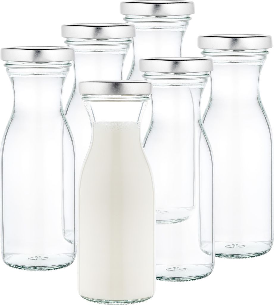6er Set Milchflaschen 250ml Twist-Off Deckel TO53 silber Karaffe Vorratsglas Flasche Aufbewahrung