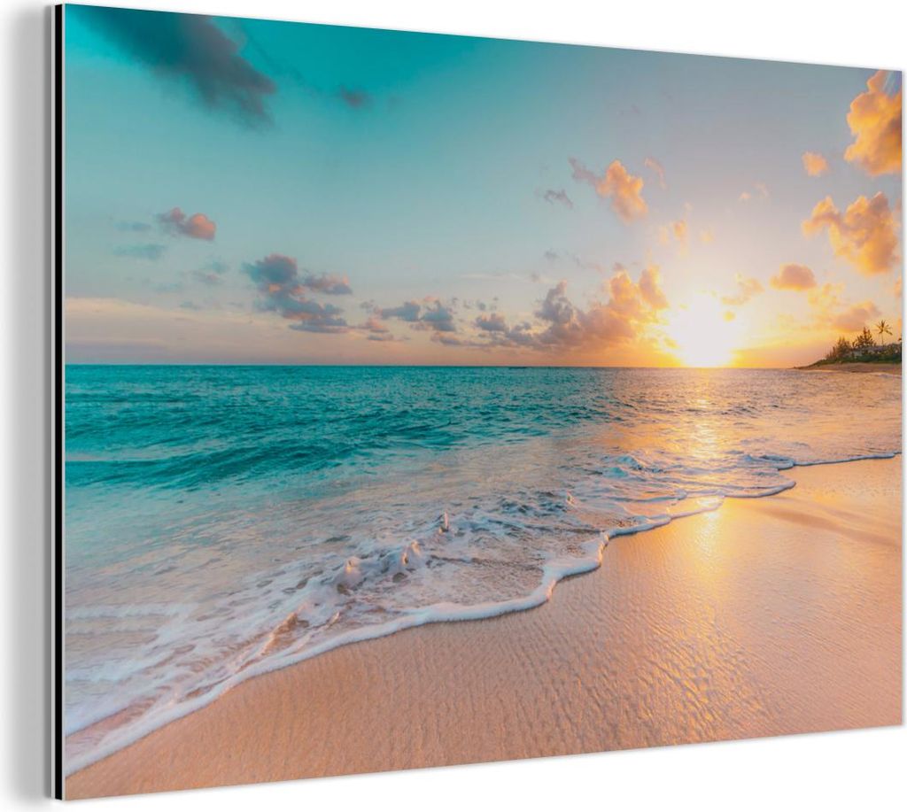 MuchoWow Wanddekoration Metall Metallbild Wandkunst 150x100 cm Sonnenuntergang - Strand - Meer - Sommer - Blau MuchoWow Aluminium Gemälde - Alu Di...