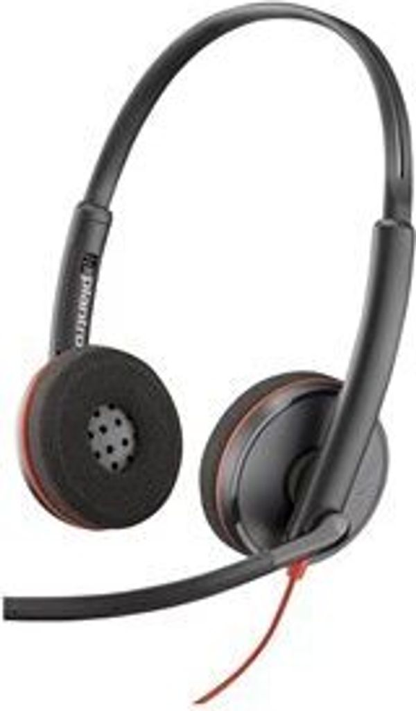 A black and red stereo headset with a microphone.