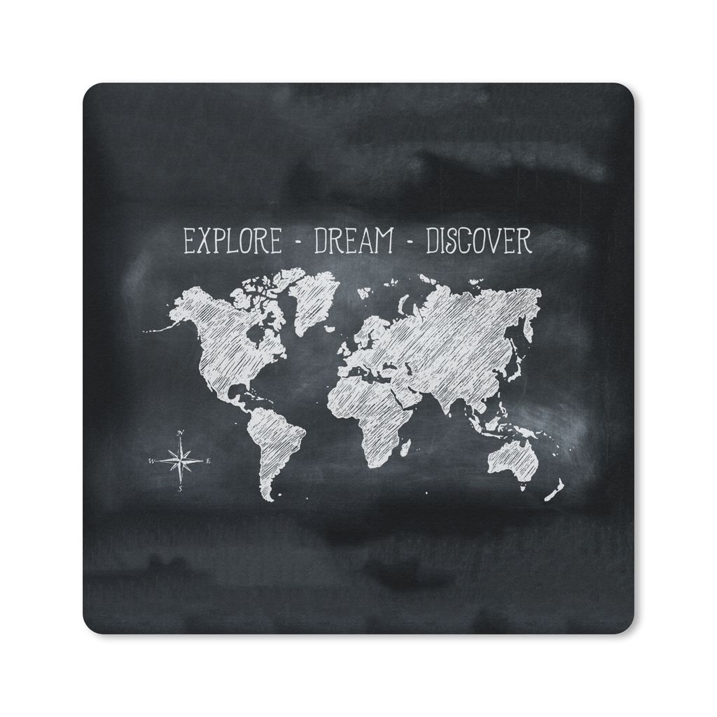 MuchoWow Mauspad Mousepad Weltkarte - Kreidetafel - Kompass 20x20 cm - Mousepads - Maus Mat - Pad - Mausunterlage - Desk Mat - Bureauartikeln