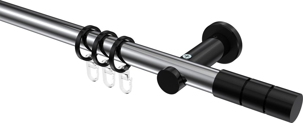 Interdeco Gardinenstange / Vorhangstange Chrom / Schwarz, Typ Platon Elanto (Rillenzylinder), 20 mm Ø 1-läufig, 220 cm