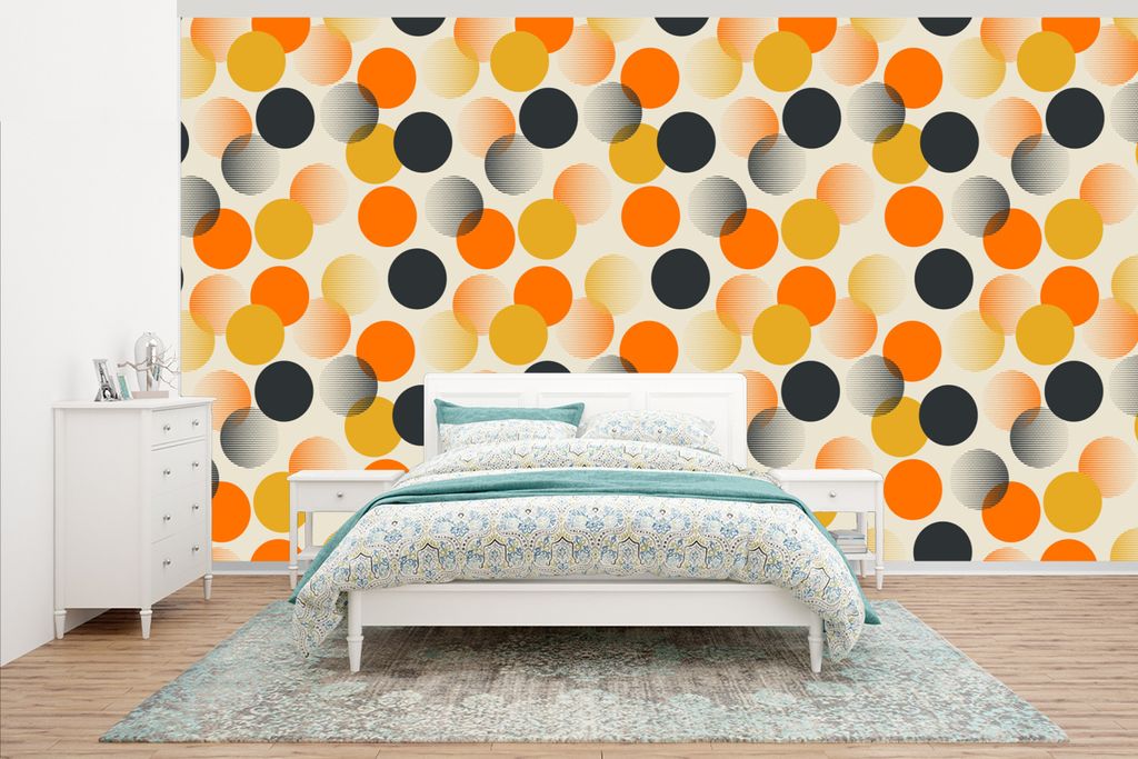 MuchoWow Fototapete für Wohnzimmer oder Schlafzimmer Wandtapete Vinyl Motivtapete Tupfen - Design - Retro - Orange - 395x220 cm - Tapezier Papier
