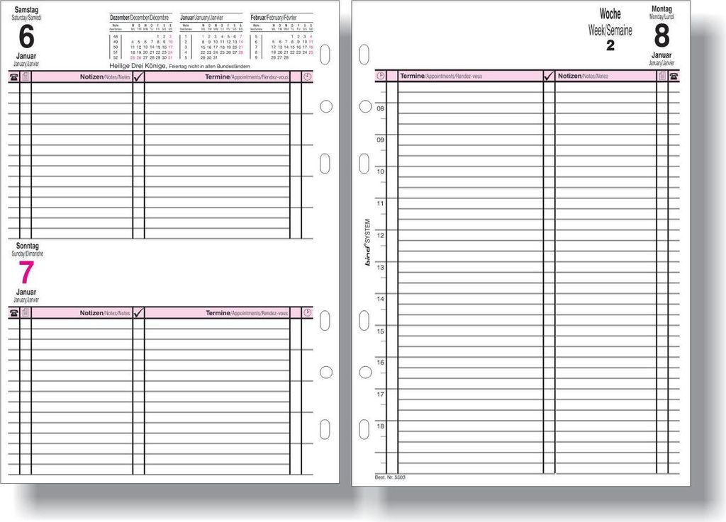 A spread of a planner with daily pages for January 6th and 7th on the left, and a weekly spread for week 8 on the right.