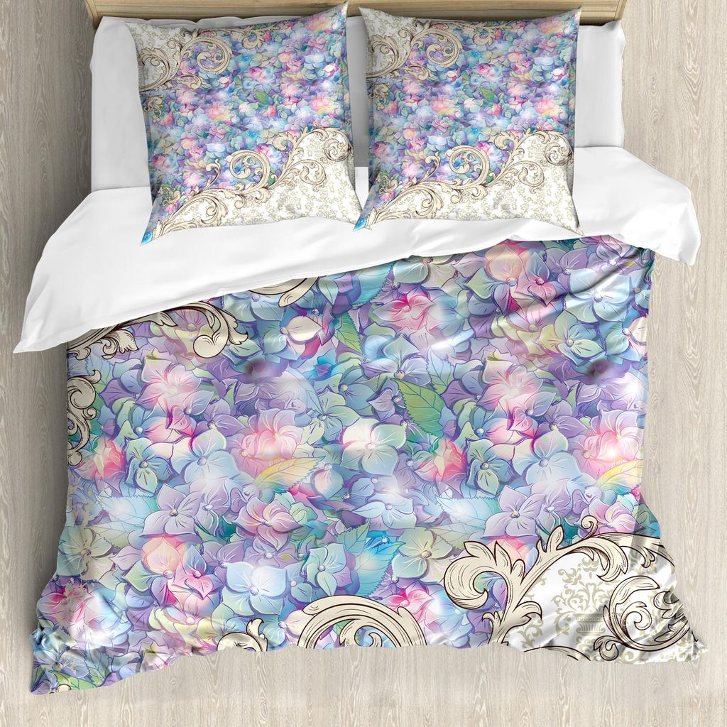 ABAKUHAUS Blume Bettbezug Set, Bunte Hortensien Romantisches Barock wirbelt Art Nouveau inspiriertes Design Drucken, 200 x 200 cm + 80 x 80 cm, Fli...