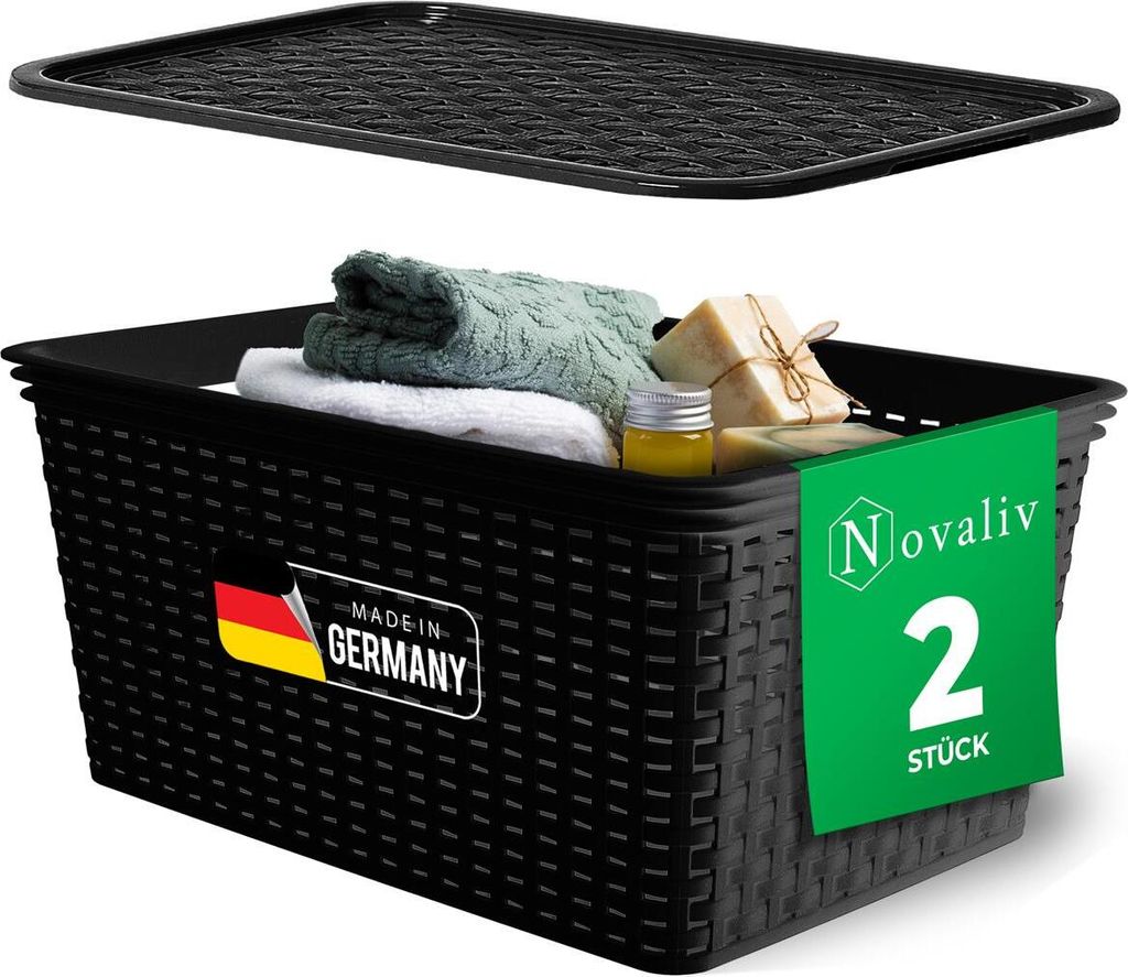 Novaliv 2er Set Eleganter Aufbewahrungskorb mit Deckel in Rattan-Optik | Schwarz Lebensmittelecht Kunststoff 14L – Perfekt für Bad & Kleidungsau...