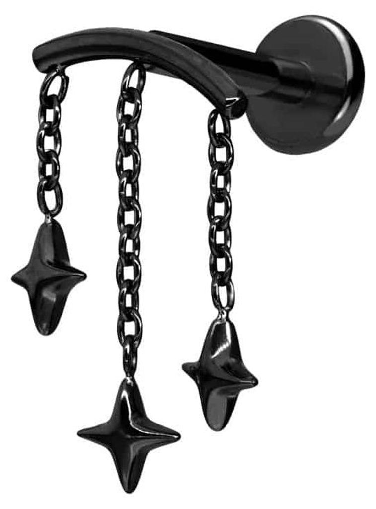 Ohrpiercing, Nasenpiercing Titan Labret mit Push Fit BOGEN + 3 STERNE Schwarz Stablänge: 10mm | Stabstärke: 1,2mm