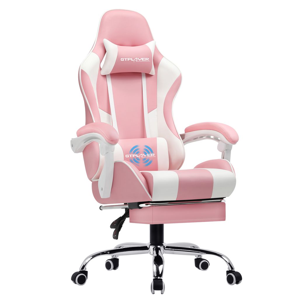 A pink and white gaming chair is shown against a white background.