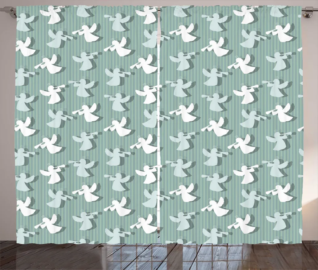 ABAKUHAUS Tenda rustica con angeli, sagome natalizie a strisce, tende universali per soggiorno con passanti e ganci, 280 x 225 cm, verde mandorla chiaro e bianco