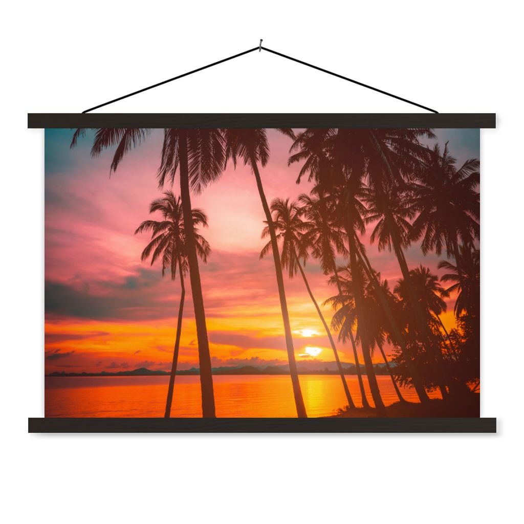 MuchoWow Textilposter Meer - Palme - Sonnenuntergang - Strand - Silhouette 150x100 cm mit schwarzem Rahmen - Schlafzimmer