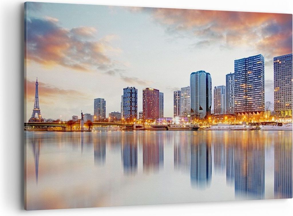 Bild auf Leinwand - Leinwandbild - Fluss Wolkenkratzer Ansicht Eiffle - 100x70cm - Wand Bild - Wanddeko - Leinwanddruck - Bilder - Kunstdruck - Lei...