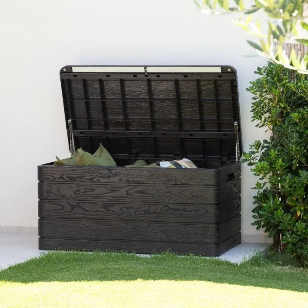 Coffre d'extérieur étanche 500L anthracite verrouillable aspect bois
