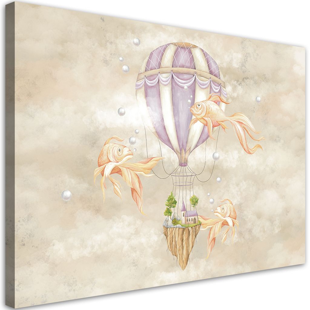 Leinwandbild Heißluftballon, fliegendes Haus und Fisch 100x70 Feeby Beige bild für die wand bereit zum aufhängen