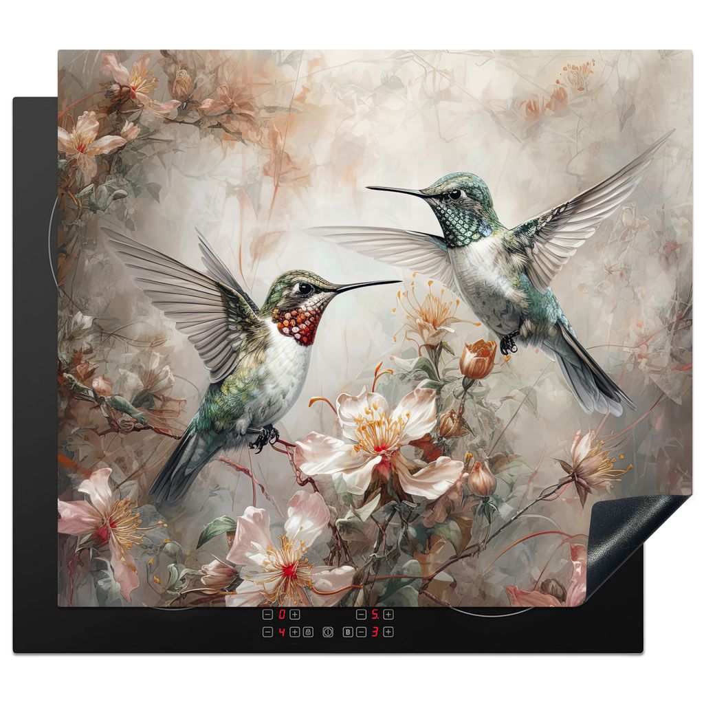 KitchenYeah Herdabdeckplatte Kolibri - Vögel - Blumen - Pflanzen , 59x51cm, Küche Deko, Glaskeramikkochfeld Herdabdeckung, Abdeckplatte fùr Ko...